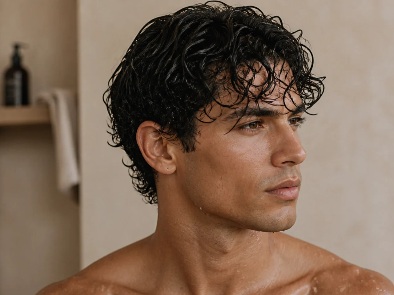Man applying leave-in to soaking wet curly hair over the shower