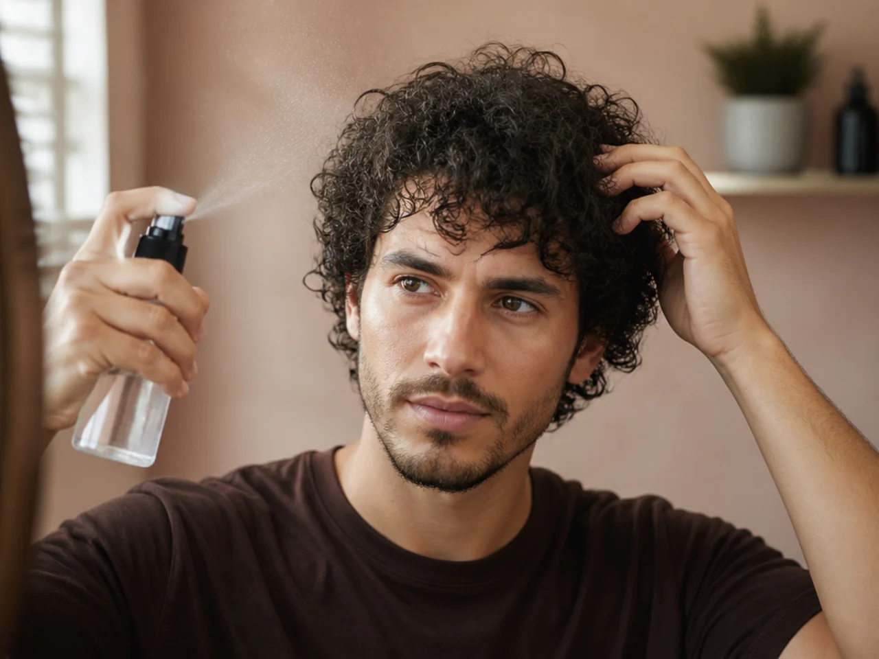 Refreshing day-two curly hair with a spray bottle of water and leave-in