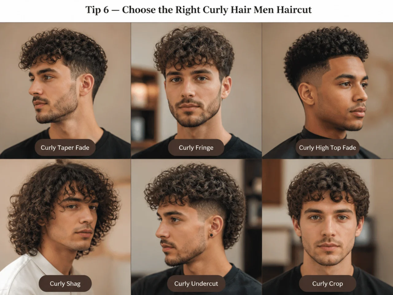 Barber scissor-cutting curly hair on a man in a barbershop chair, no thinning shears