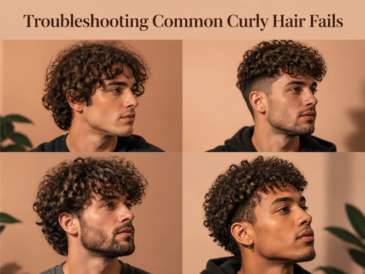 Split-screen of common curly hair problems: frizz halo, crunchy cast, flat roots, dry ends