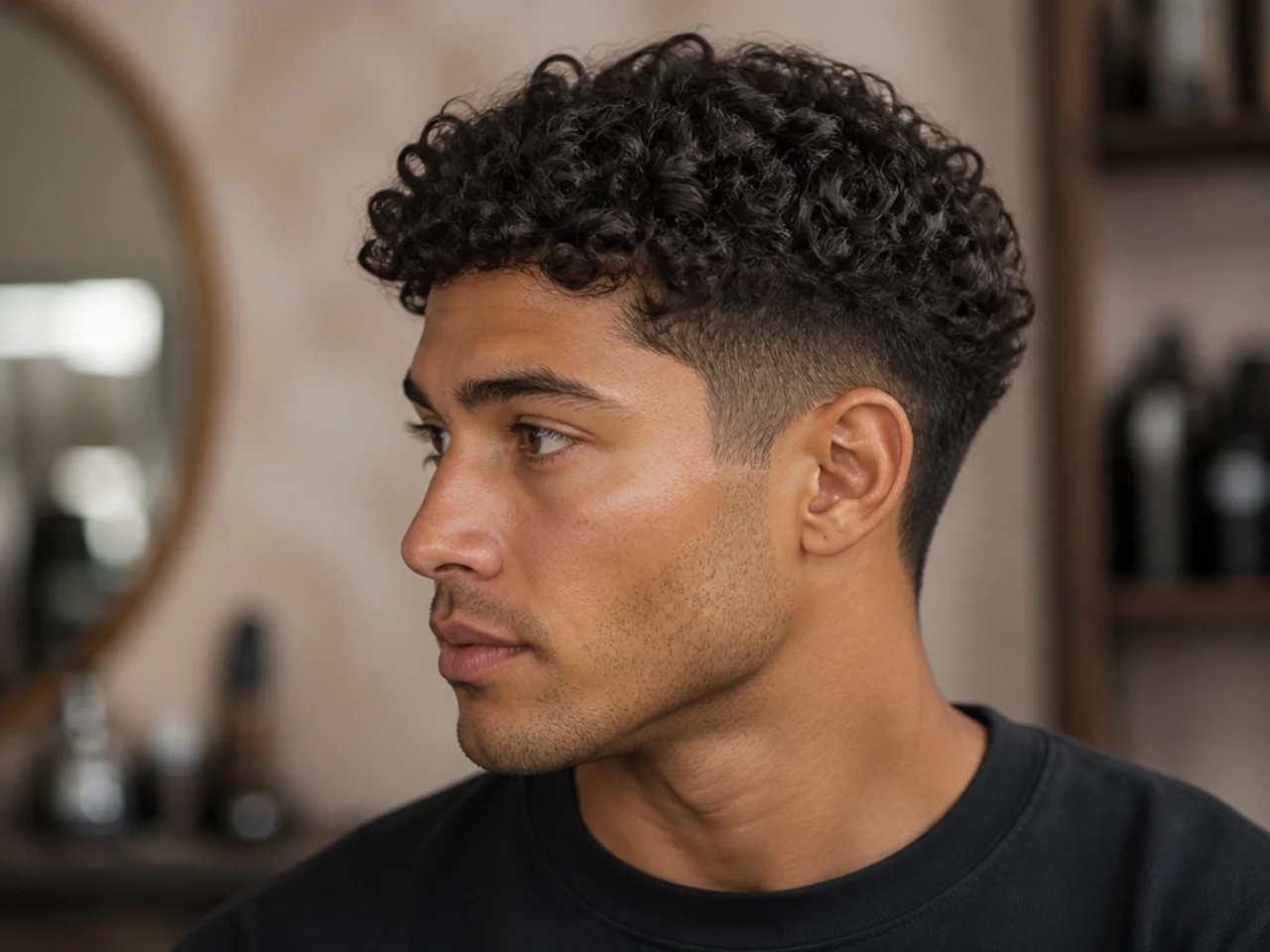 Man with defined curls checking his phone, freshly air-dried, styling complete