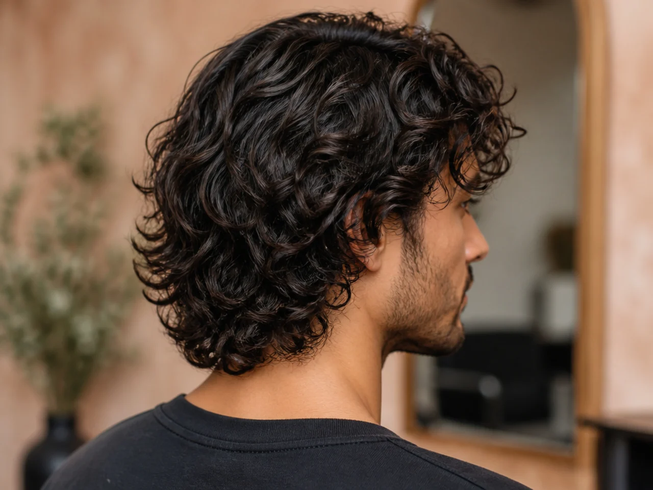 A man with shoulder-length layered curls