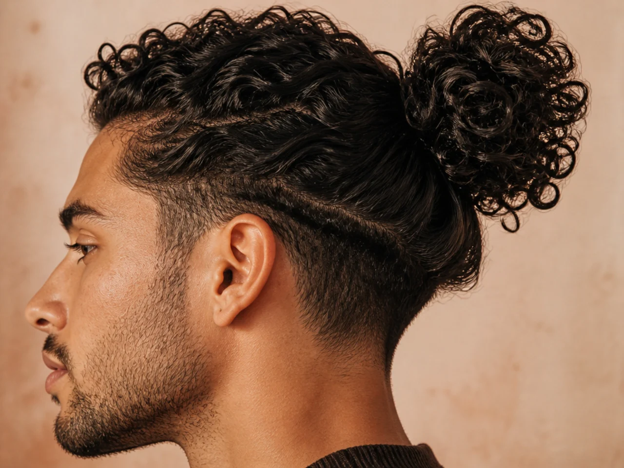 A man with curly hair tied in a bun