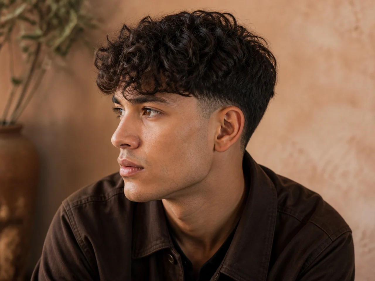 A man with a two block curly cut