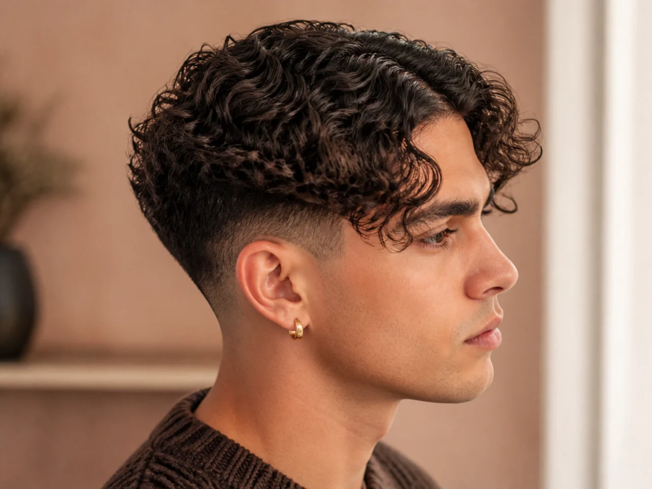 A man with curly hair parted down the middle