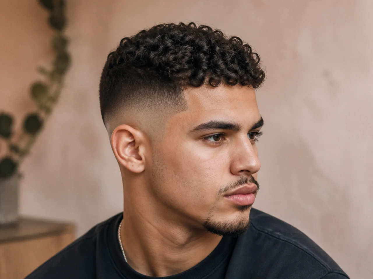 A man with a skin fade and curly top