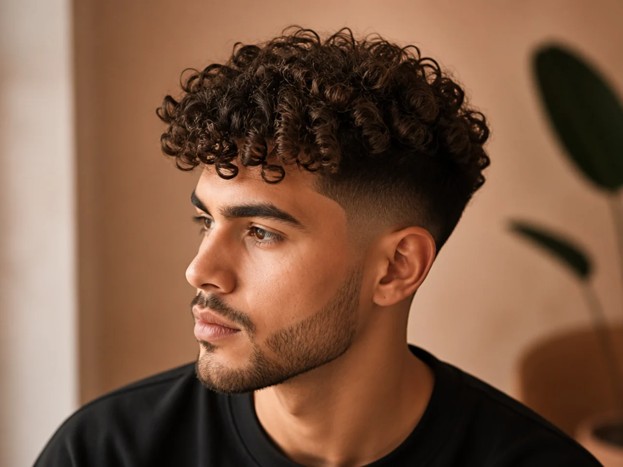 Side view of a man with a neat curly haircut