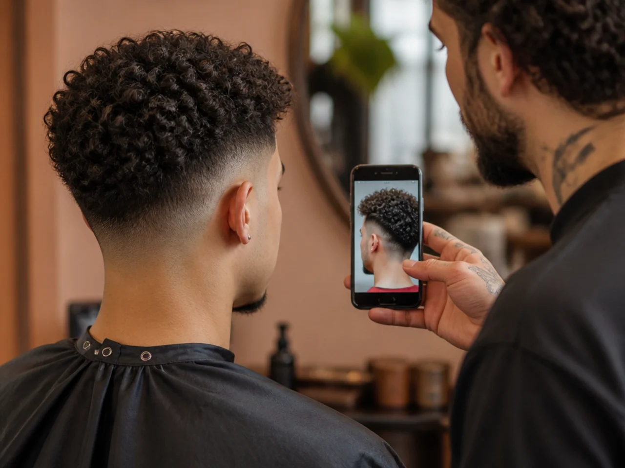 A man showing a saved photo to a barber