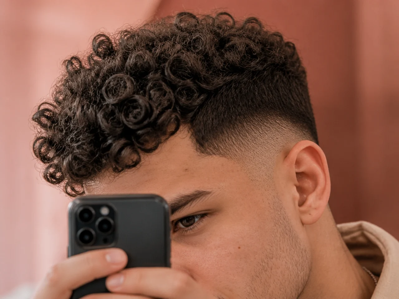 A man photographing his fresh curly haircut
