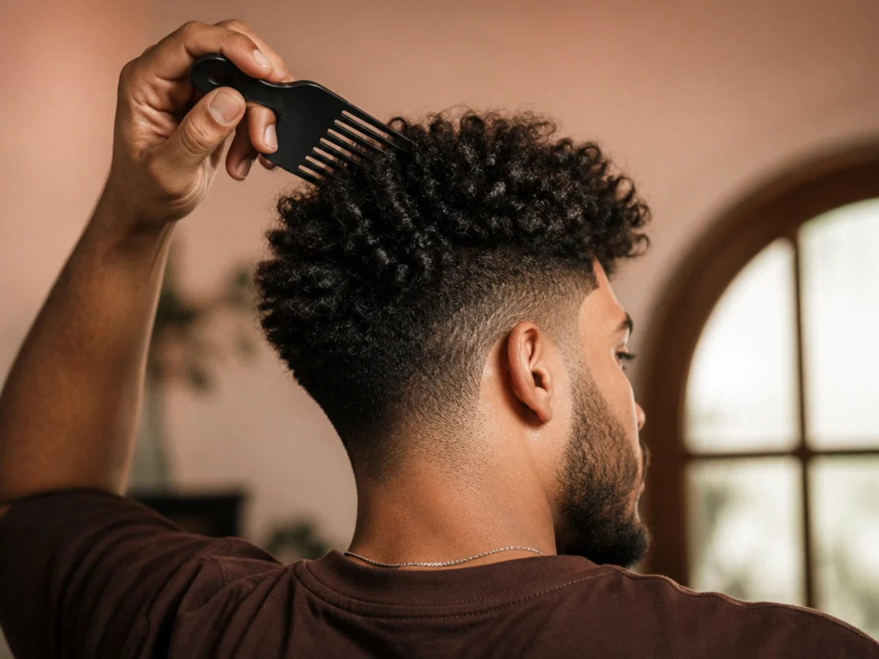 A man lifting his curls at the root with a pick
