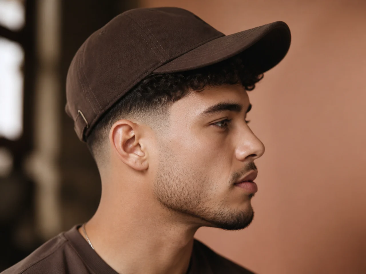 A man wearing a cap over curly hair