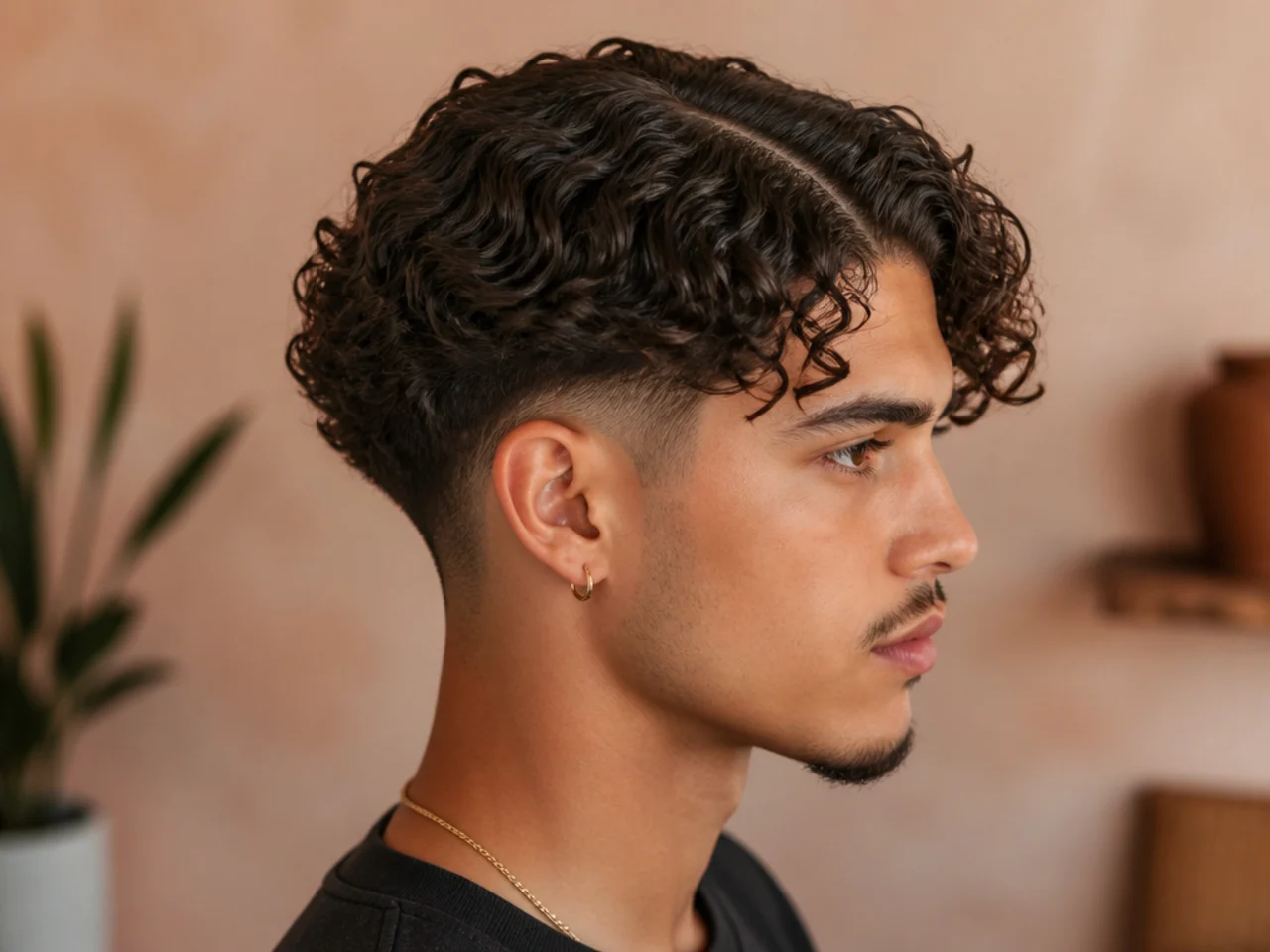 A man with curly hair parted down the middle