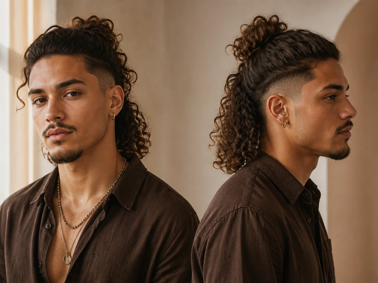 A man with curls tied half up
