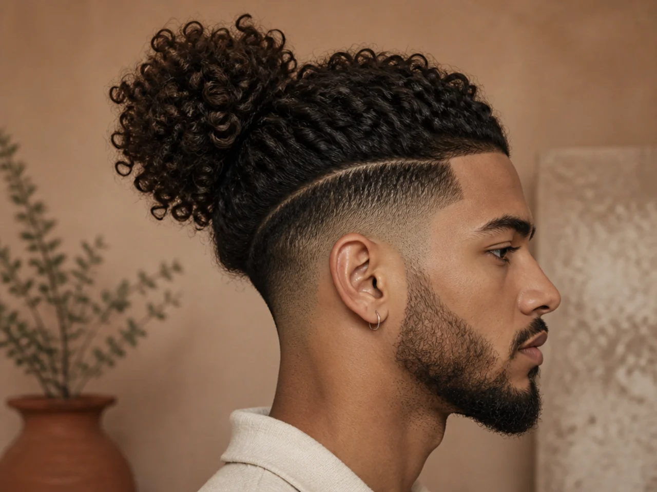 A man with curly hair in a bun