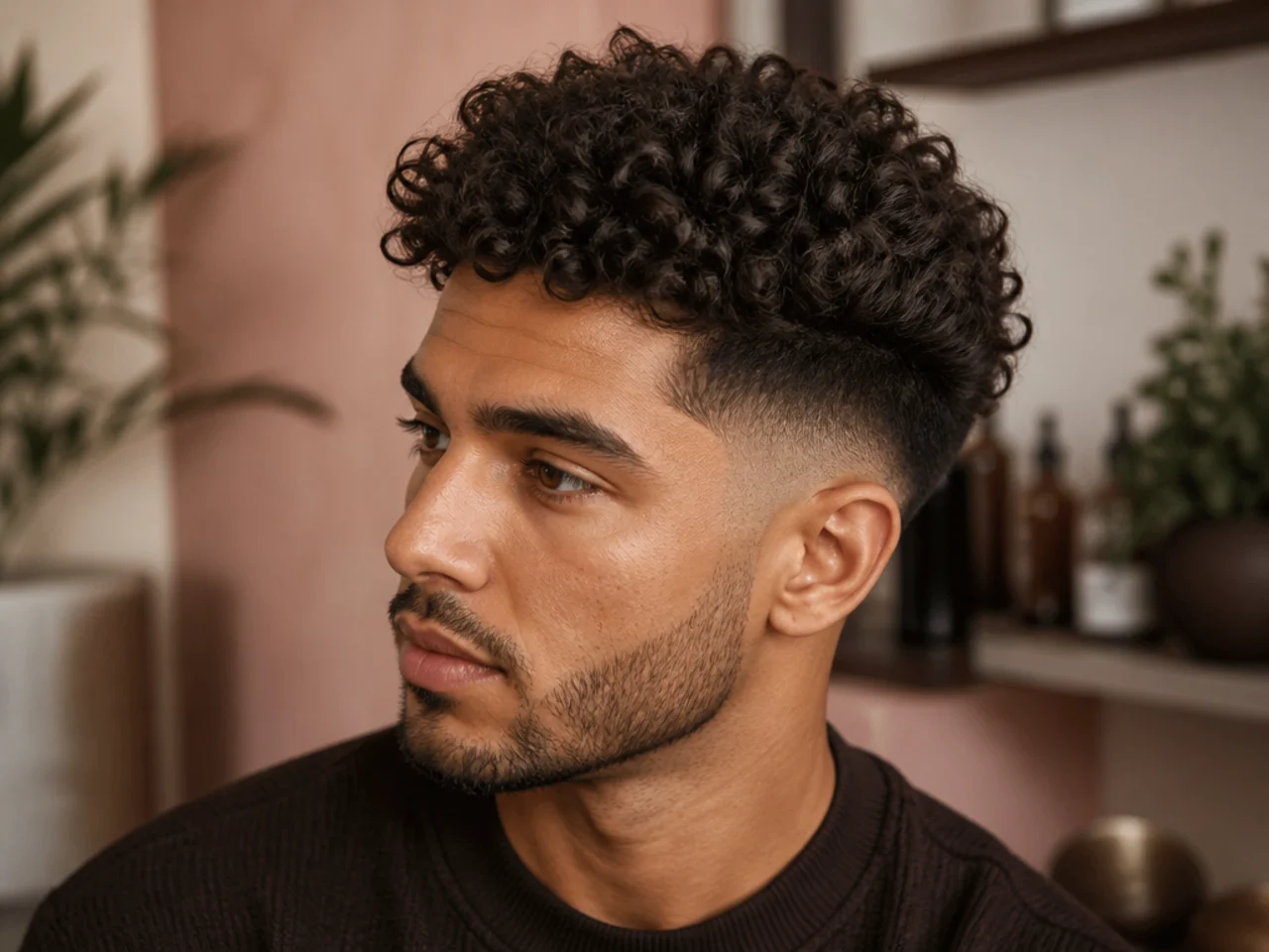 Side view of a man with defined curly hair
