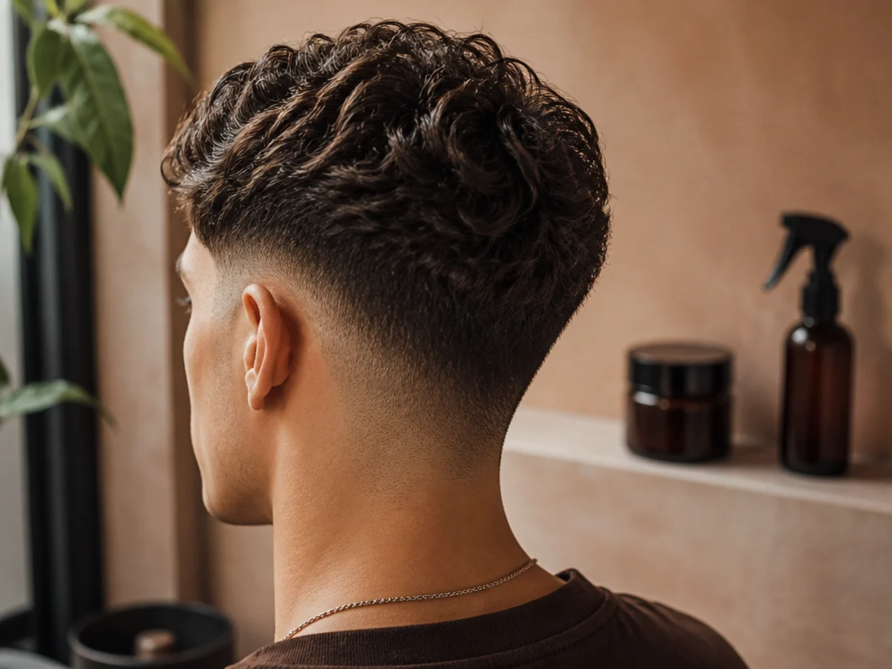 Curl cream and a spray bottle on a bathroom shelf