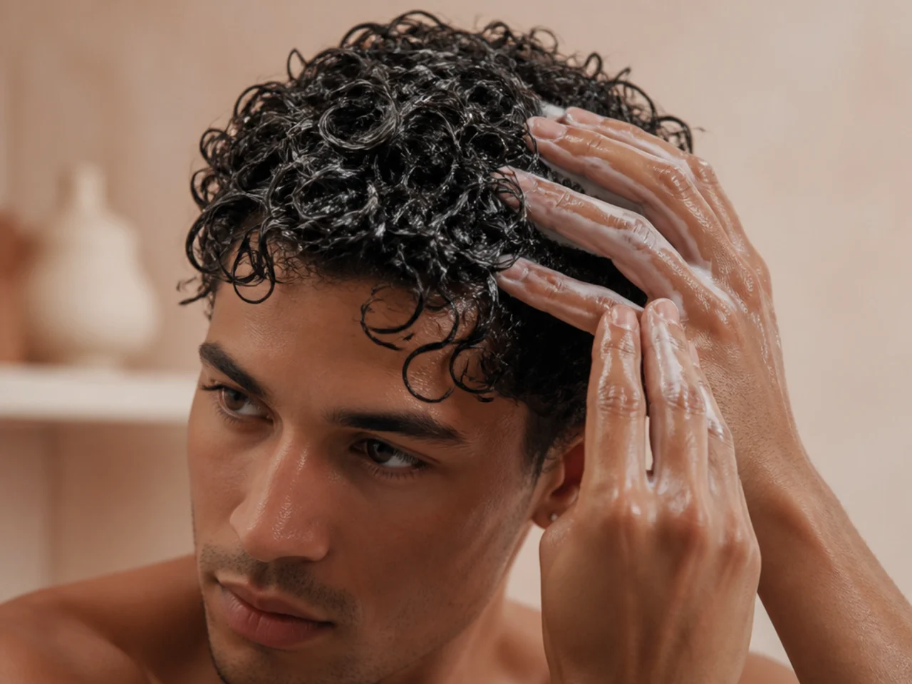 A man applying leave-in to soaking wet curls