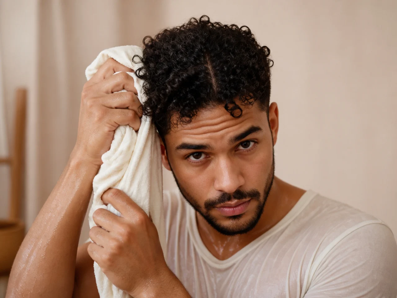 A man squeezing water from his curls with a t-shirt