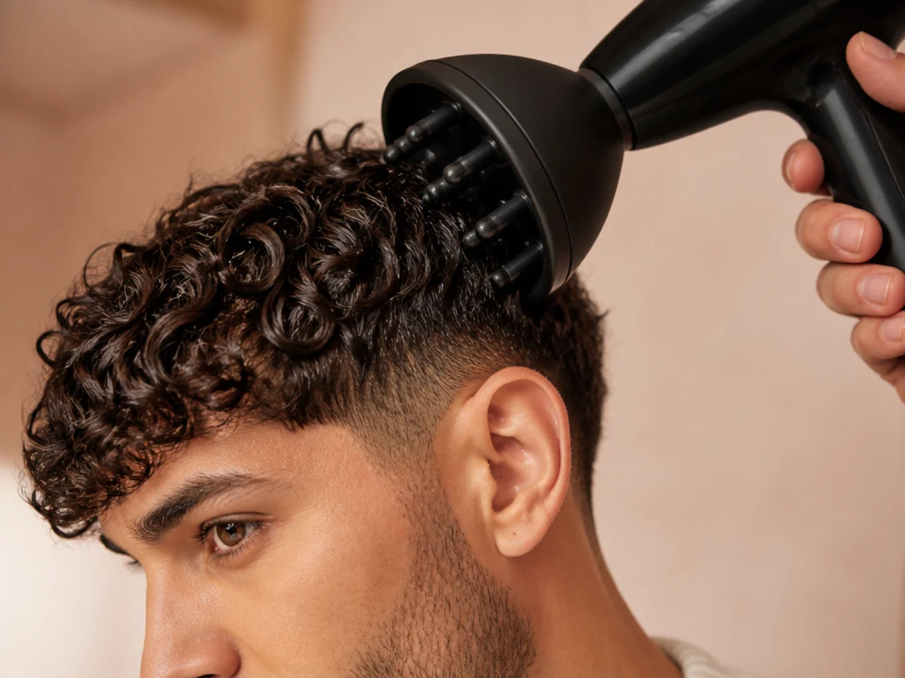 A diffuser being used on curly hair