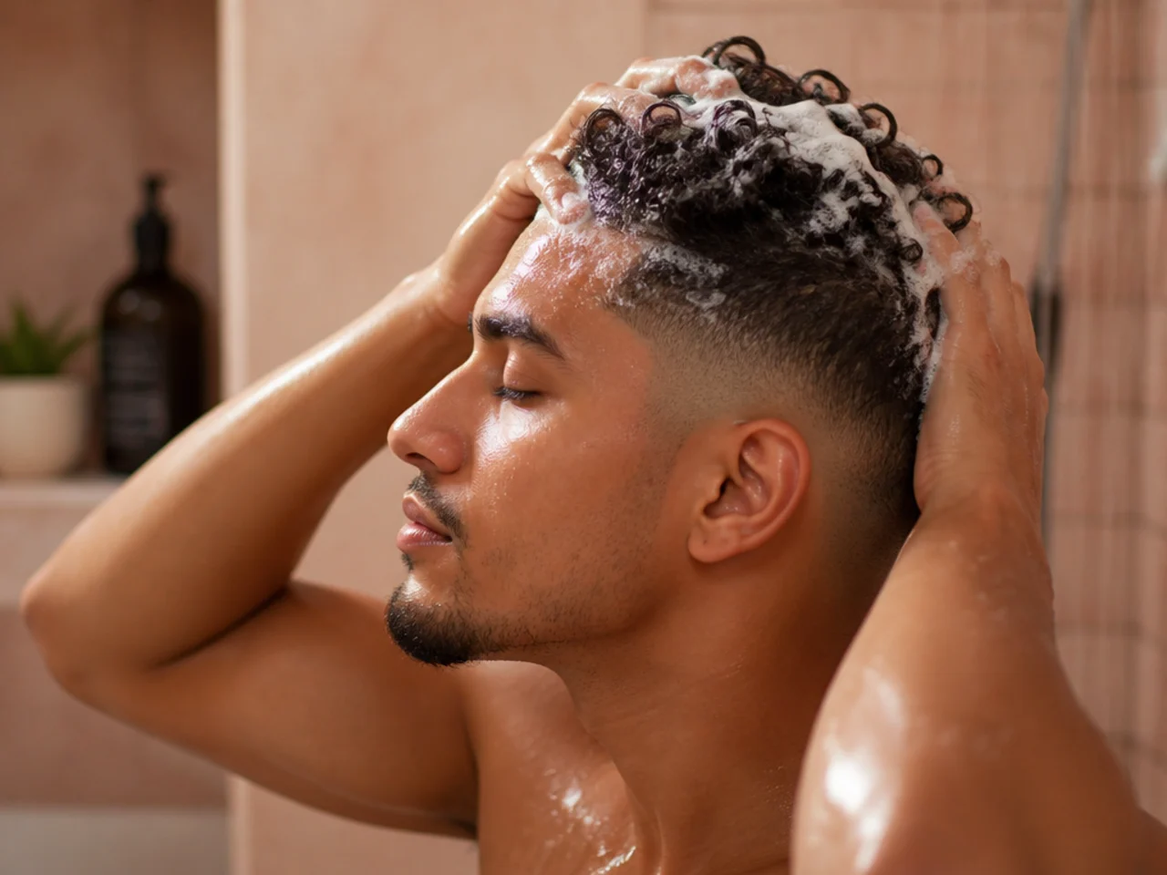 A man washing his curly hair