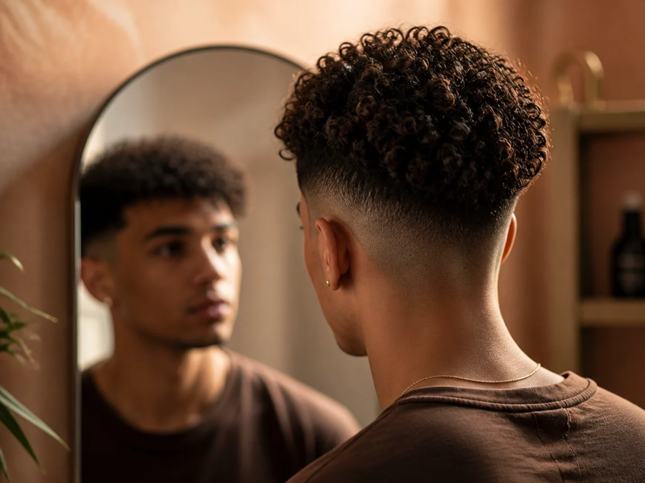 A man checking his curls in a mirror