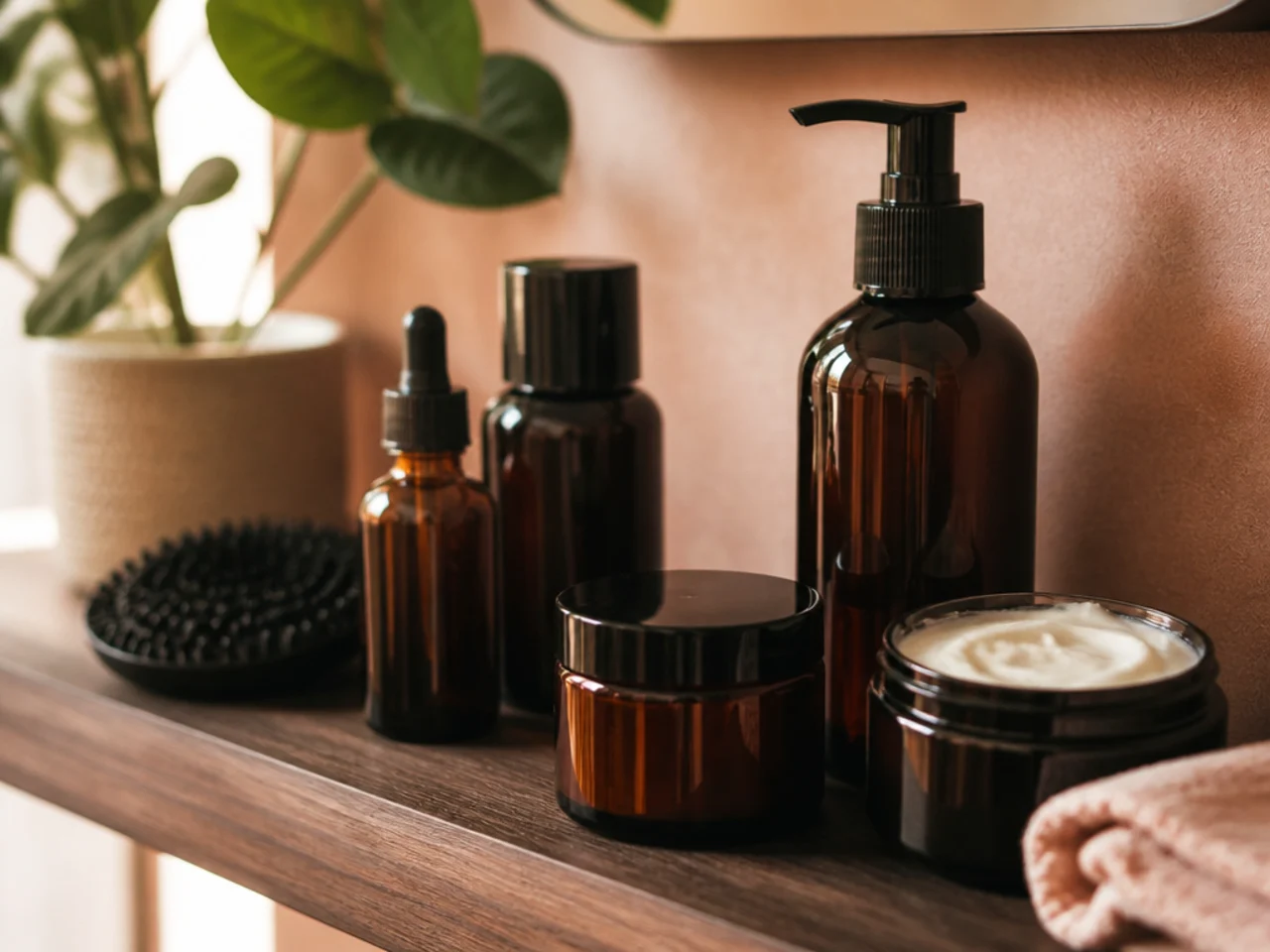 A short row of curly hair essentials on a shelf