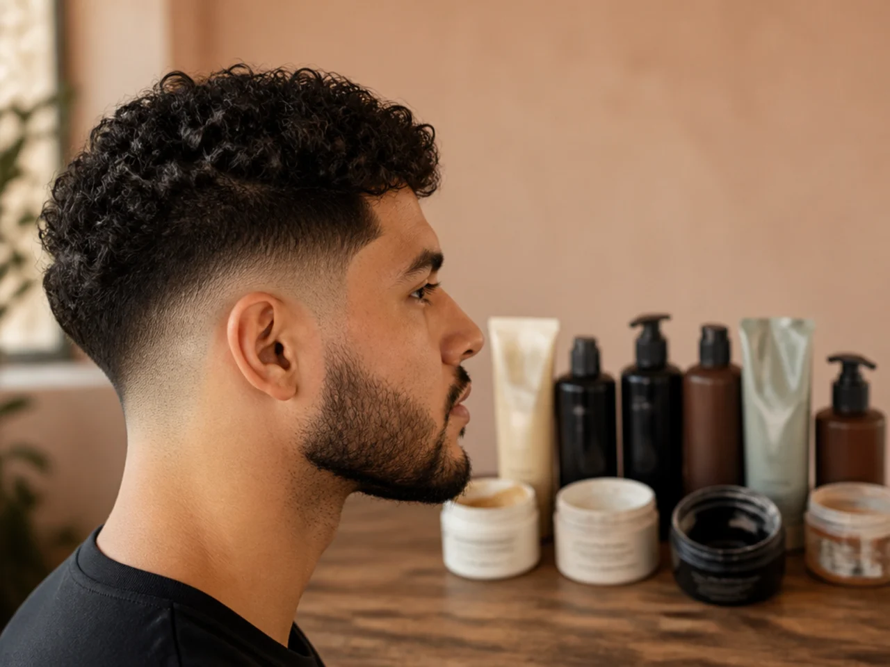 A row of half-used curly hair products