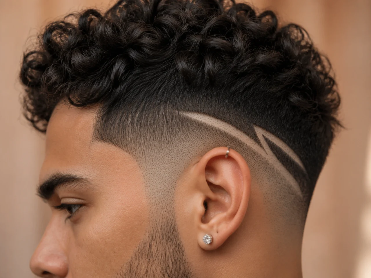 A man with a shaved design in a curly undercut