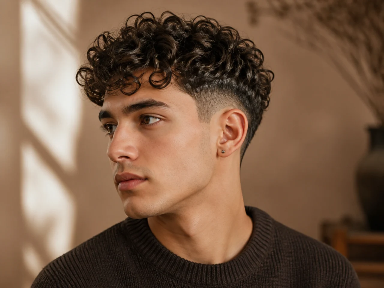 A man with fine curly hair and a soft undercut