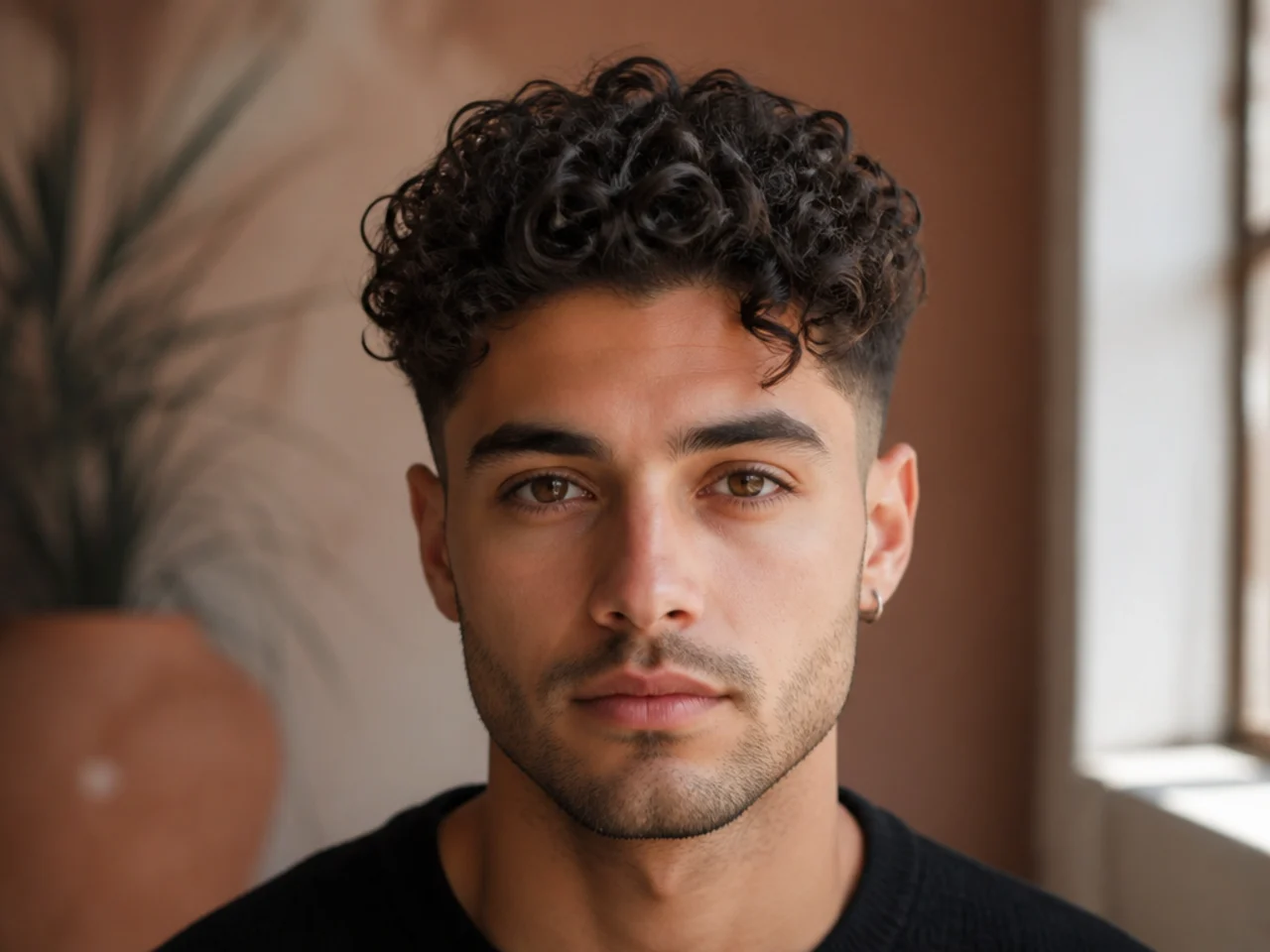 A man with a hidden undercut beneath curly hair