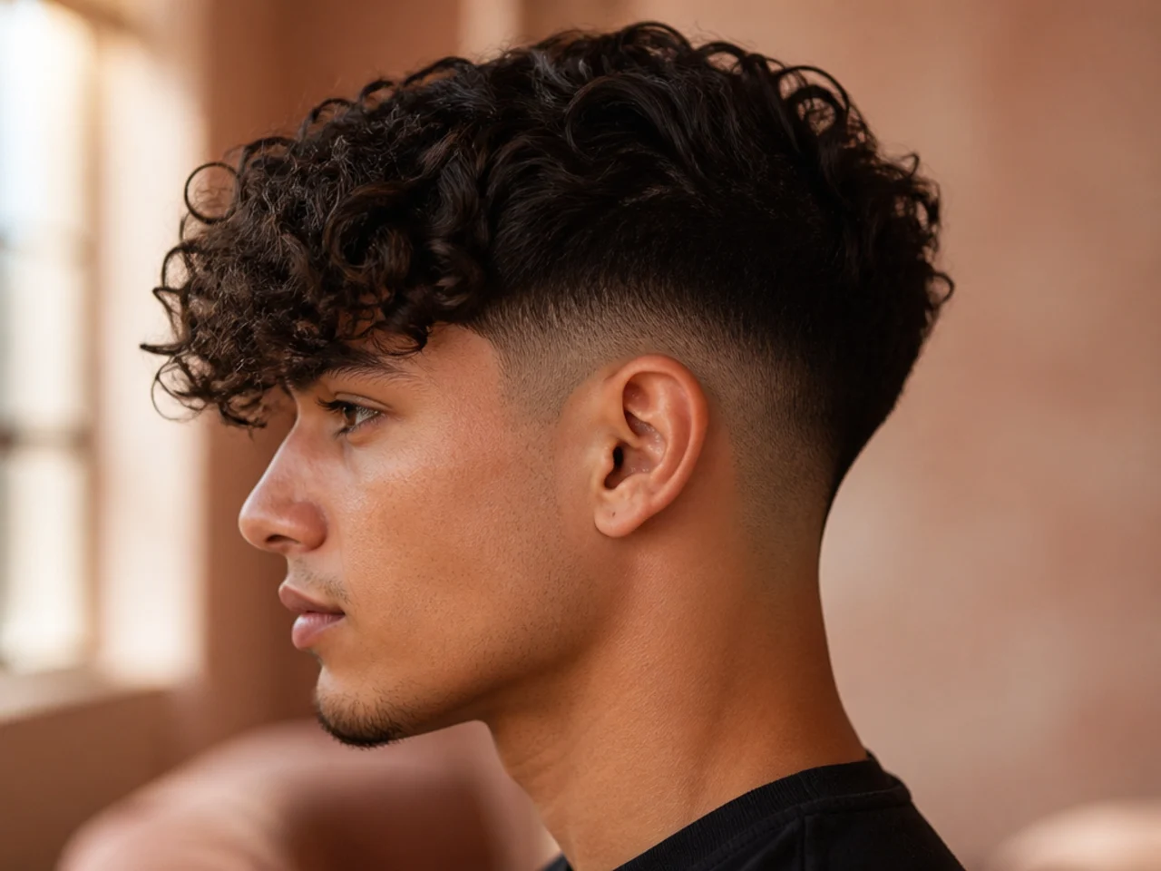 A man with a curly fringe over an undercut