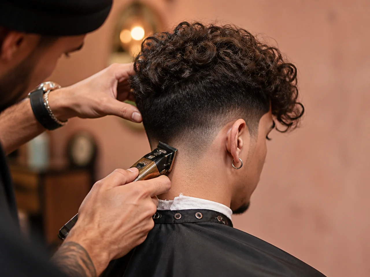 A barber clipping the underneath section of curly hair