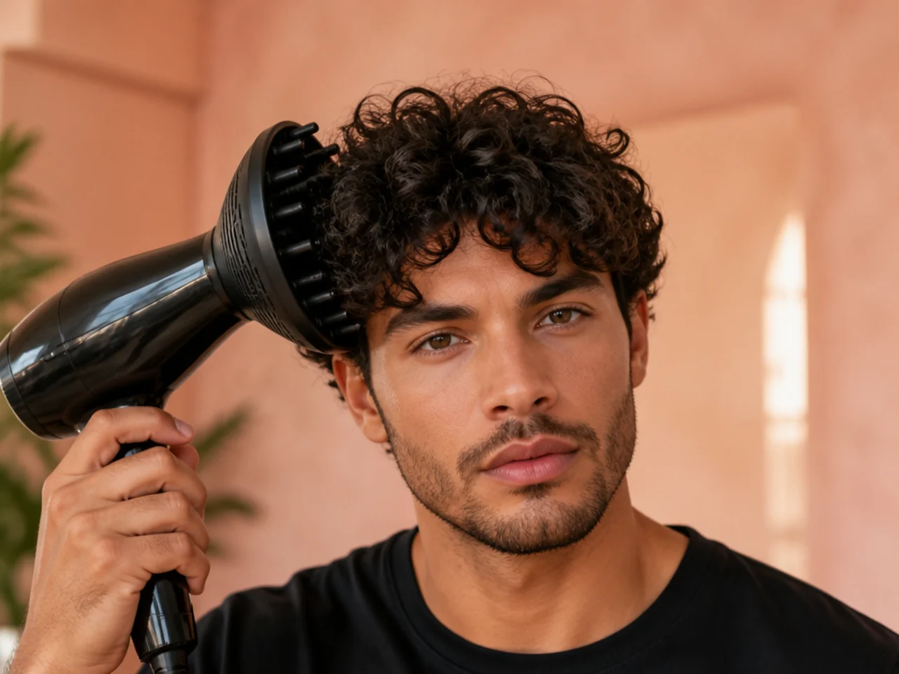 A diffuser drying curly hair on a low setting
