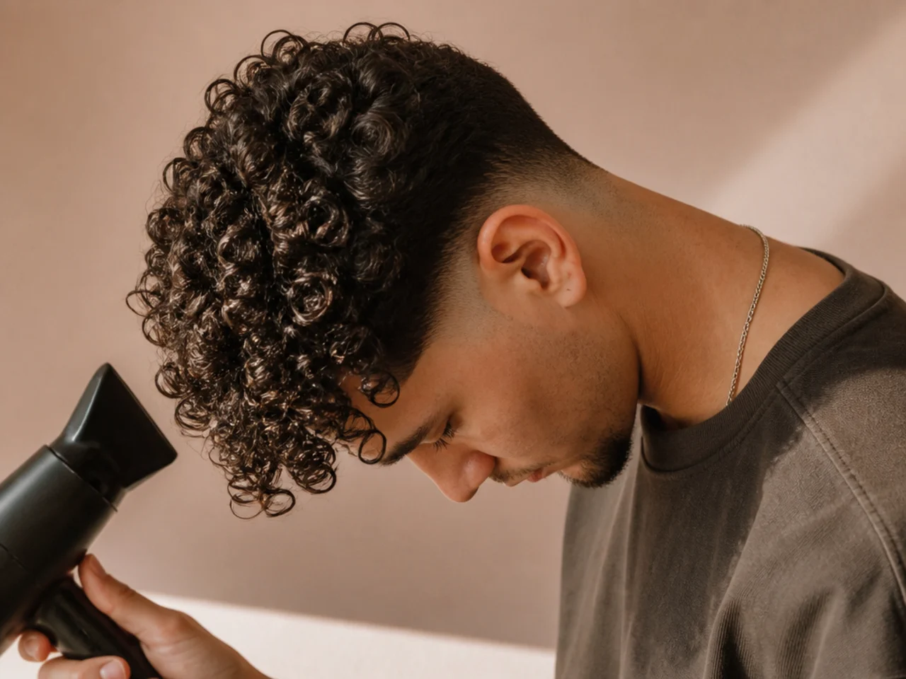 A man drying curls with his head tipped forward