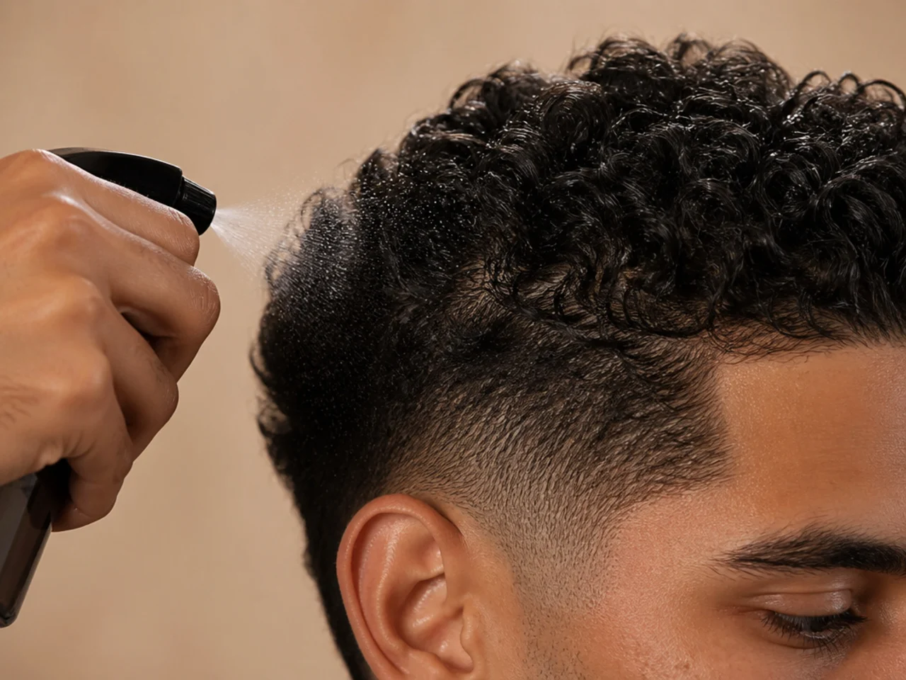 One side of a man's curls being sprayed with water