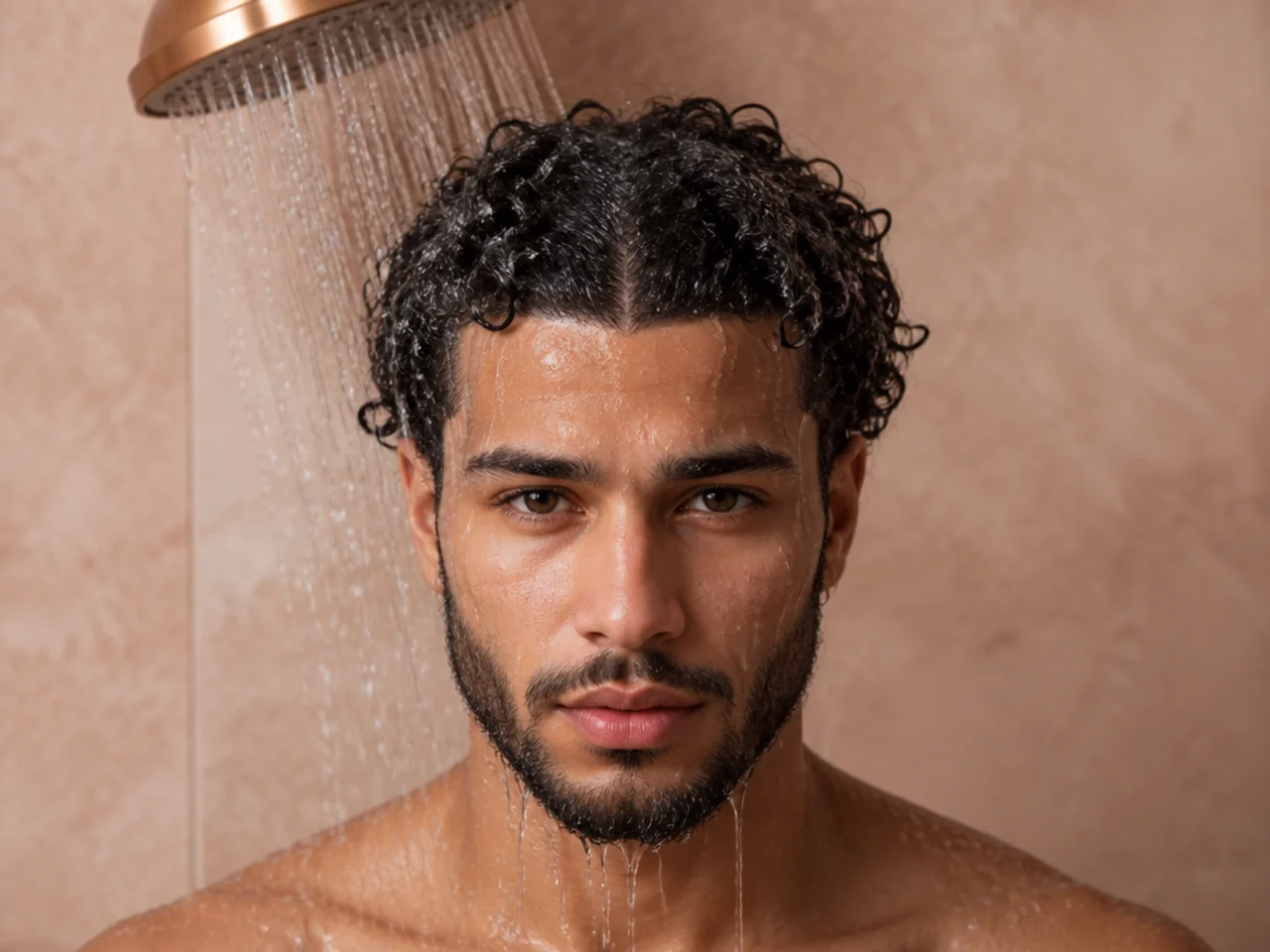 Warm water rinsing through a man's curls
