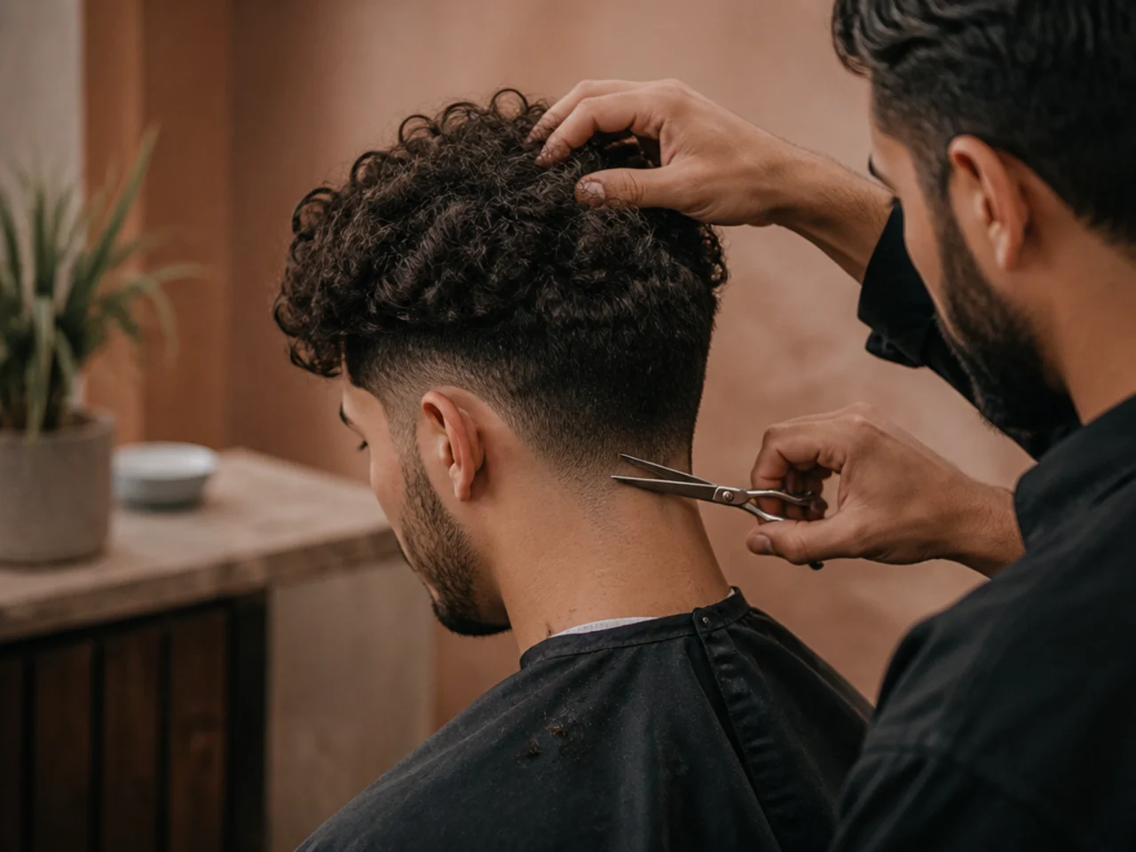 A barber dry cutting a man's curly hair