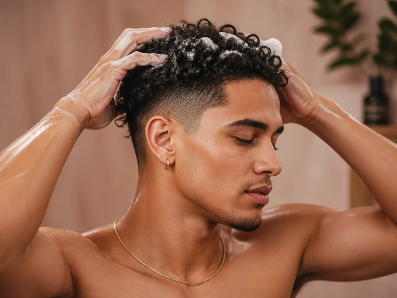 Fingertips shampooing a scalp under curly hair