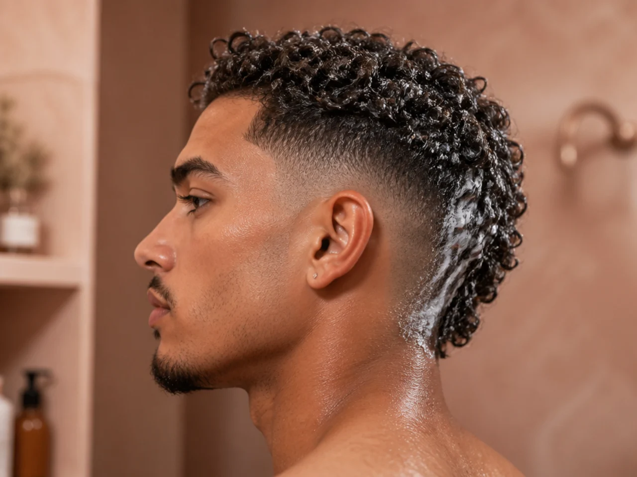 Conditioner applied to the lengths of curly hair