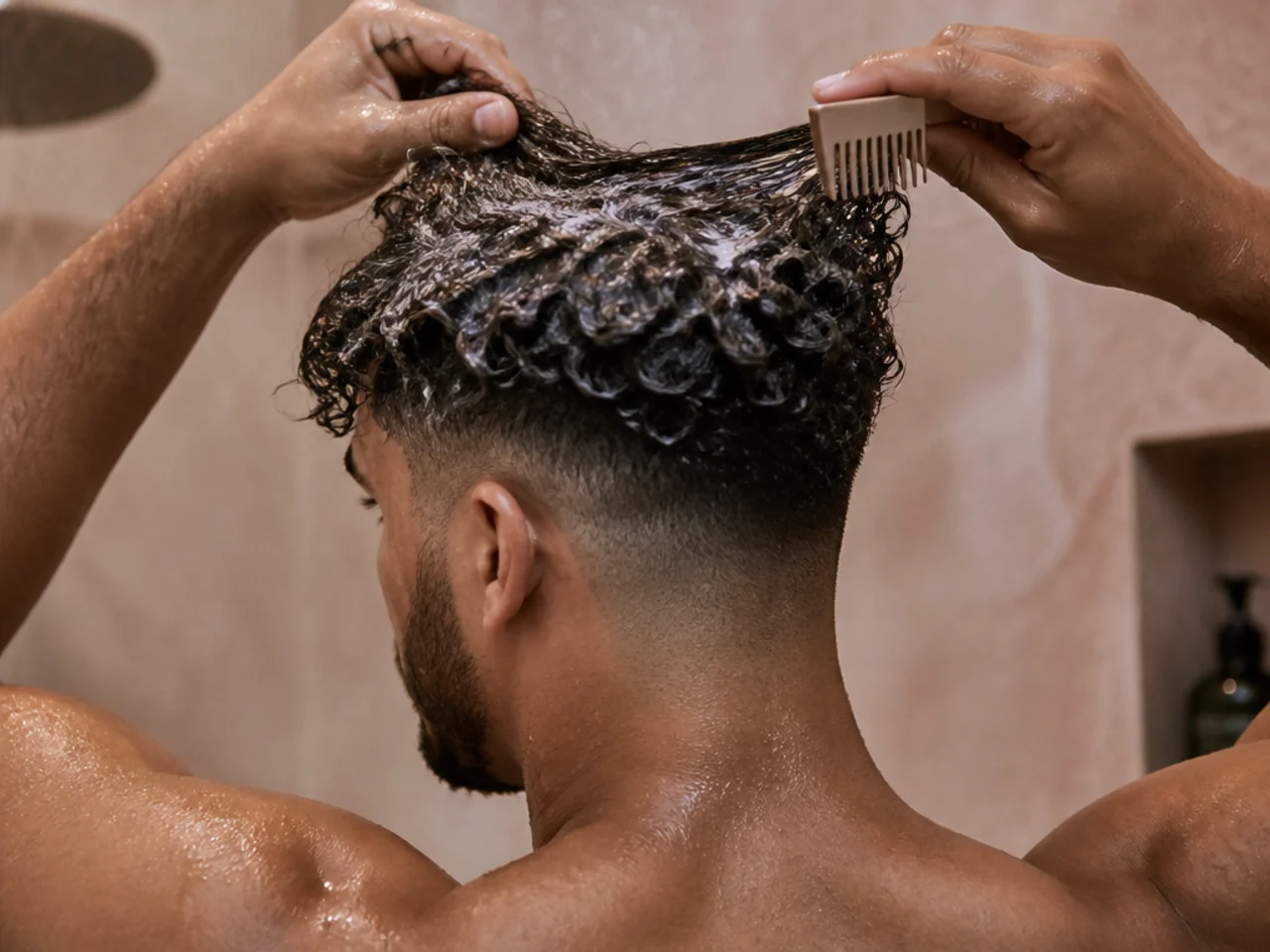 Curly hair being detangled with conditioner in the shower