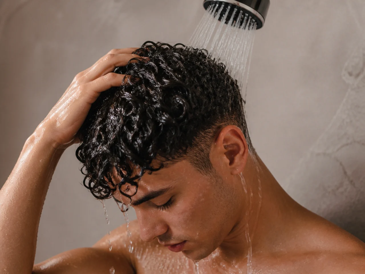 A man rinsing curls with cool water