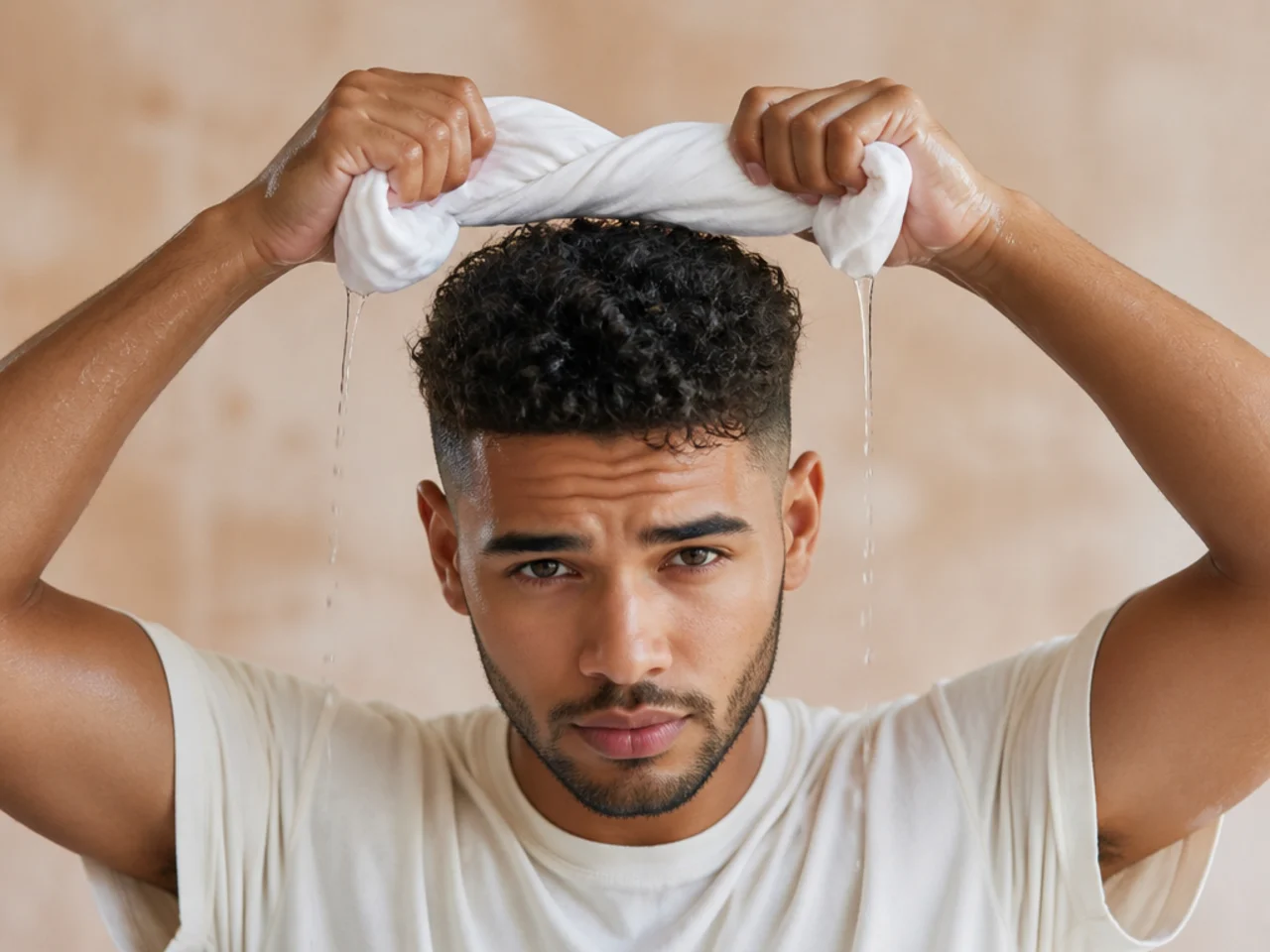 A cotton t-shirt squeezing water from curly hair
