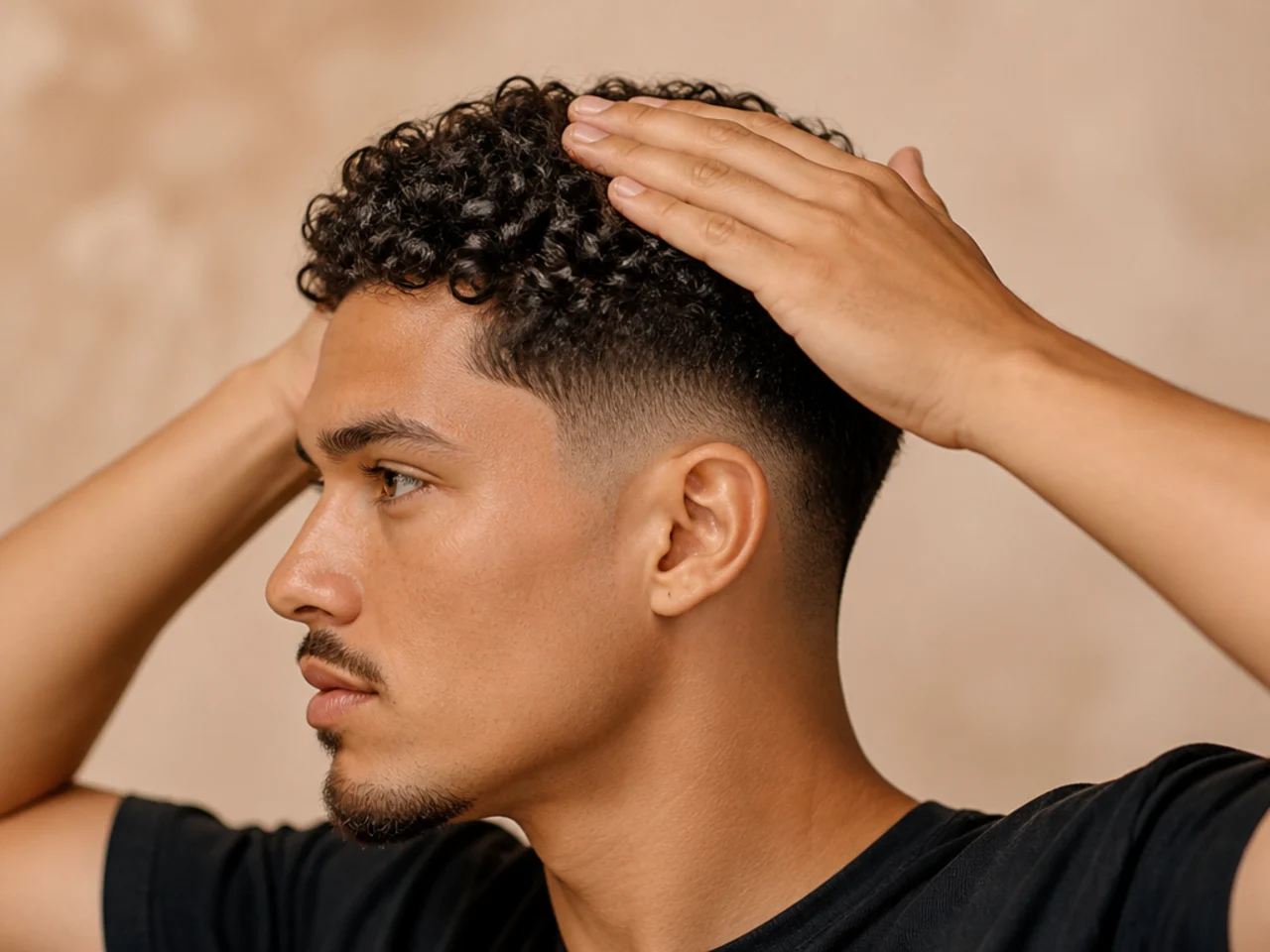 Curl cream smoothed down hair with flat palms