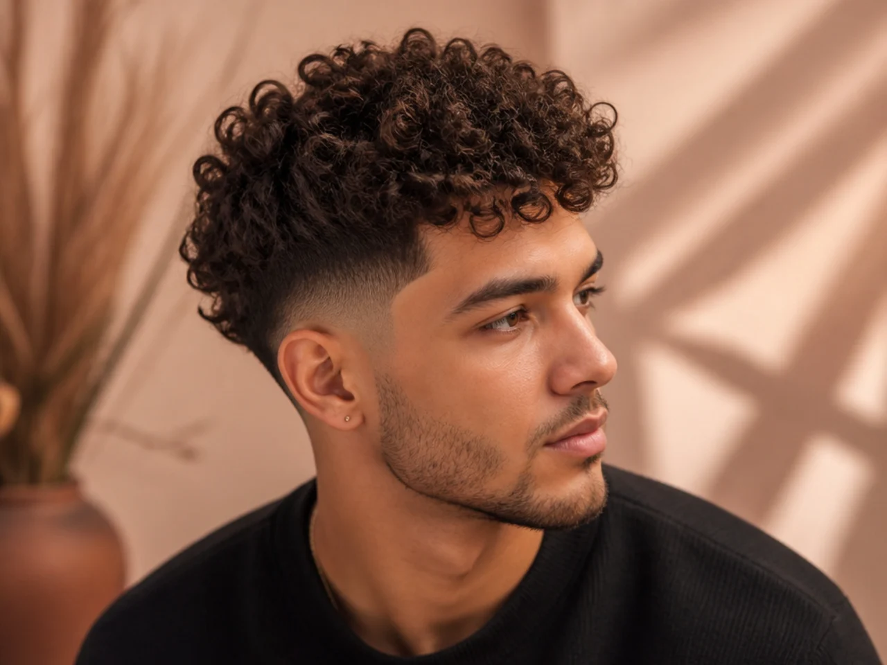 Side view of a man with well-defined curls