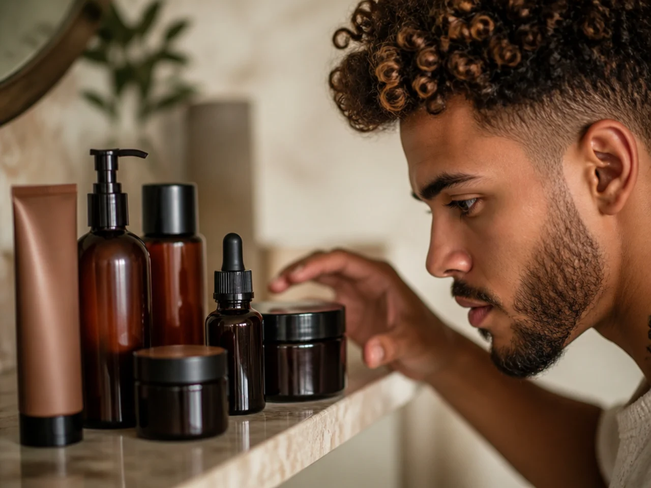 A short row of curly hair products on a shelf