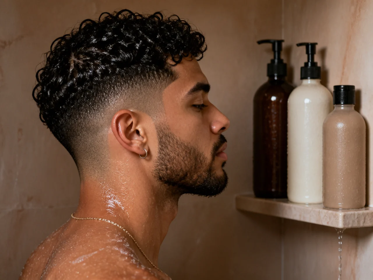 Shampoo, conditioner and leave-in on a shower shelf