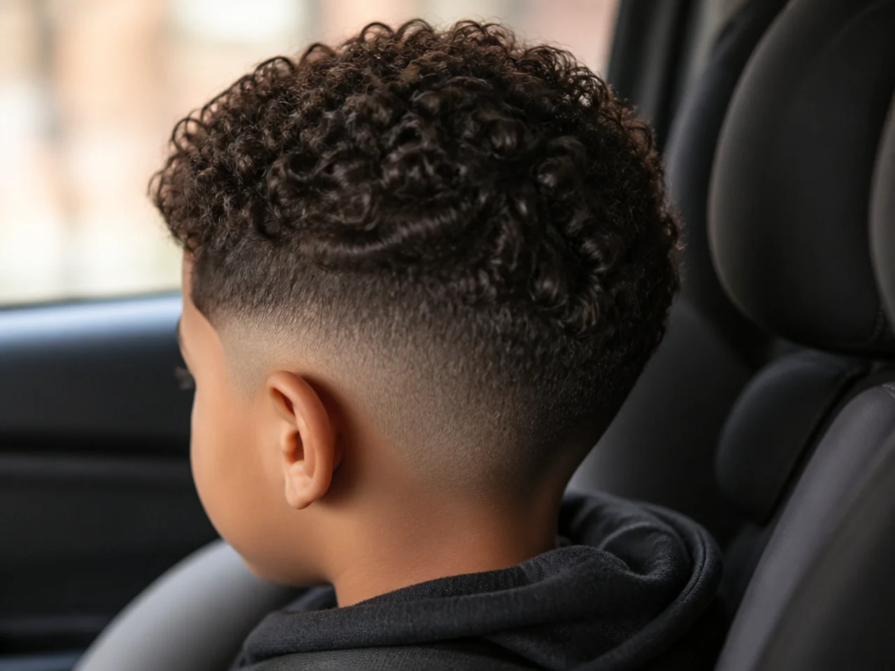 A toddler in a car seat with short curls at the back