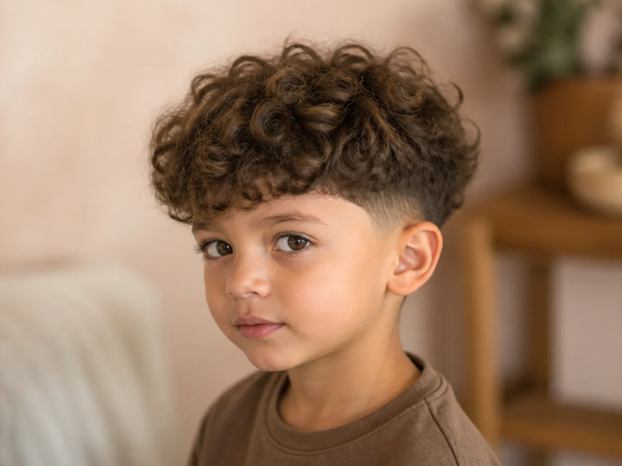 A toddler with a softened curly bowl cut