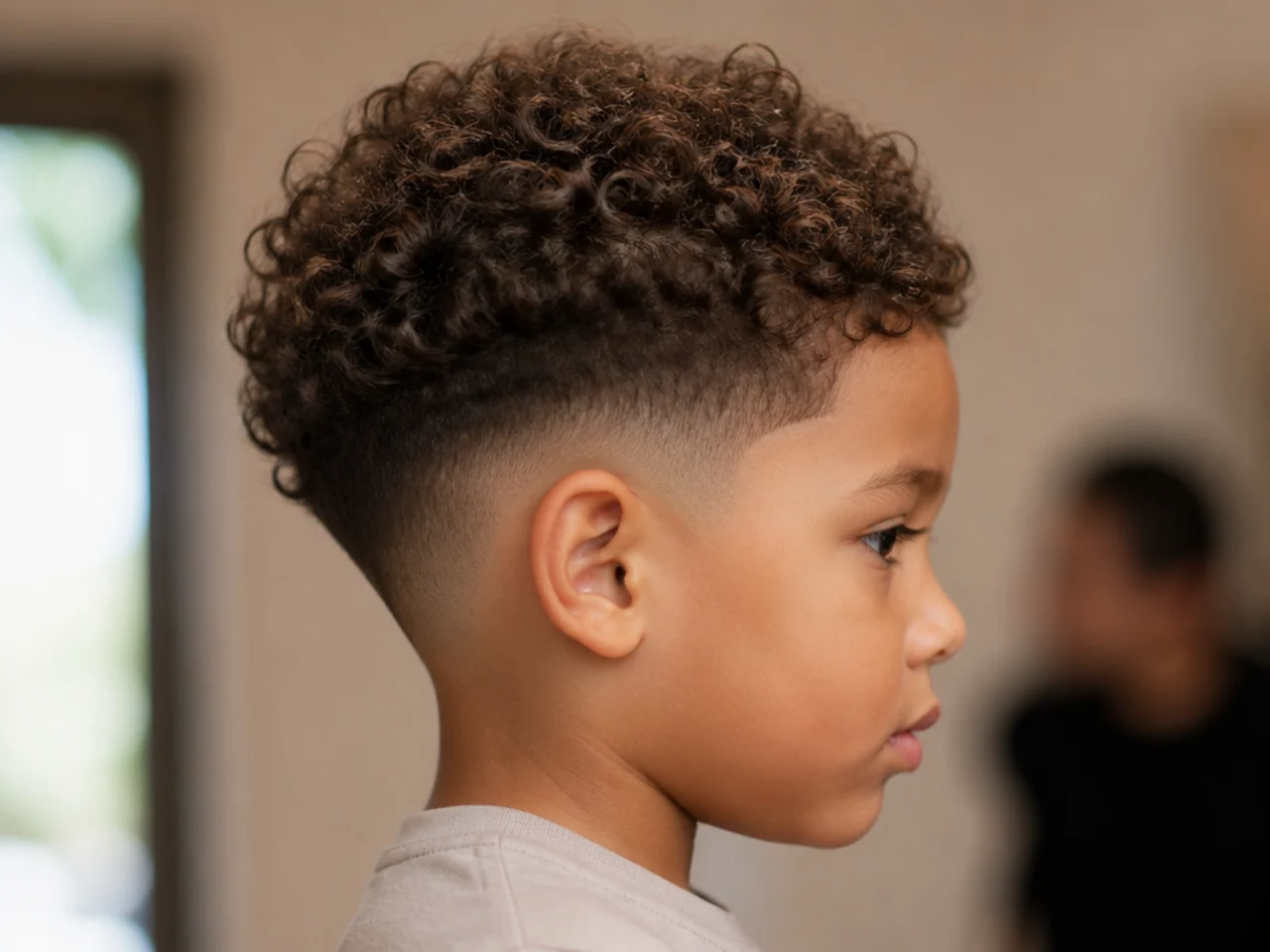 A toddler with a light perimeter trim on his curls