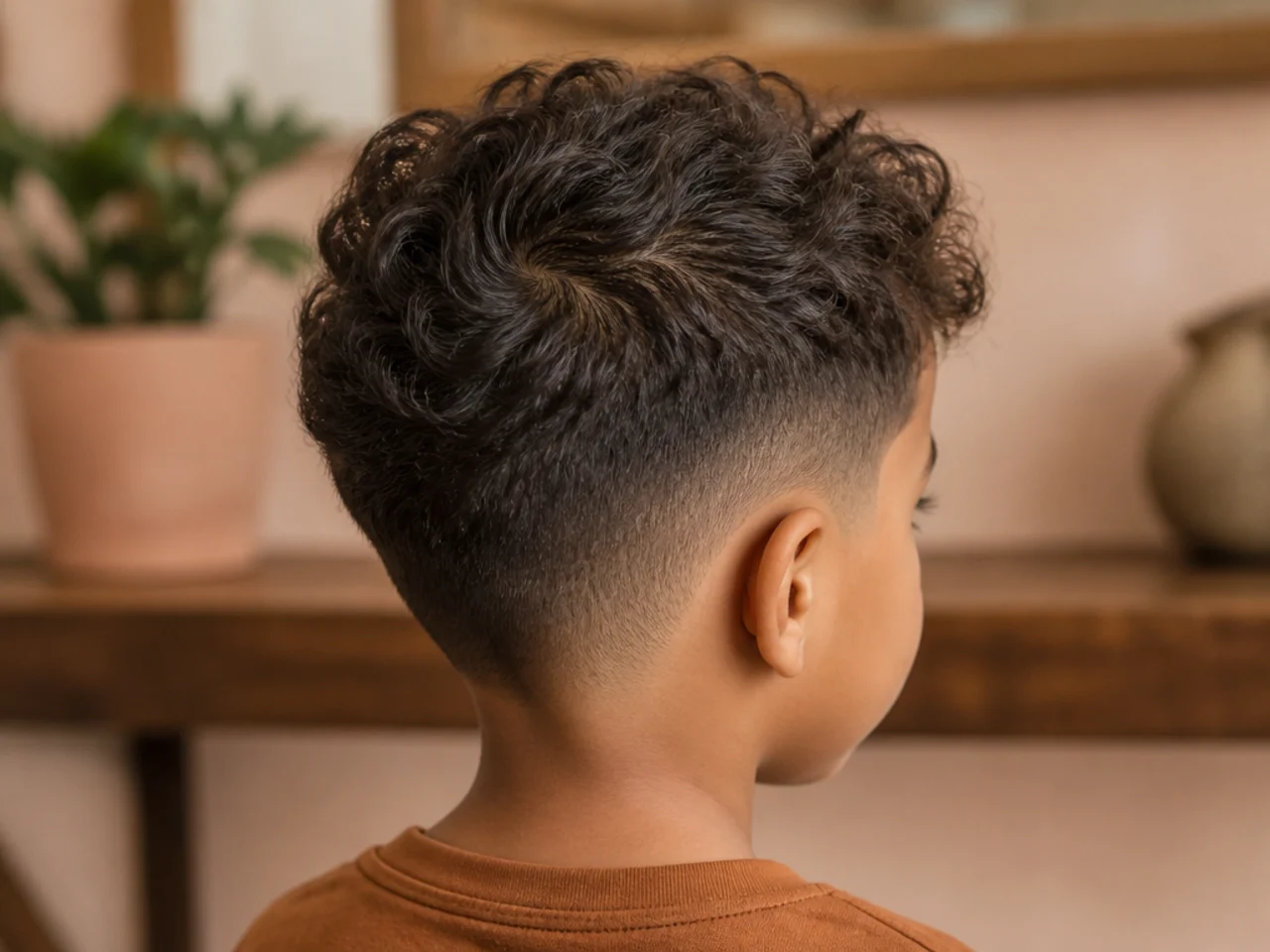 A toddler with a visible cowlick in his curly hair